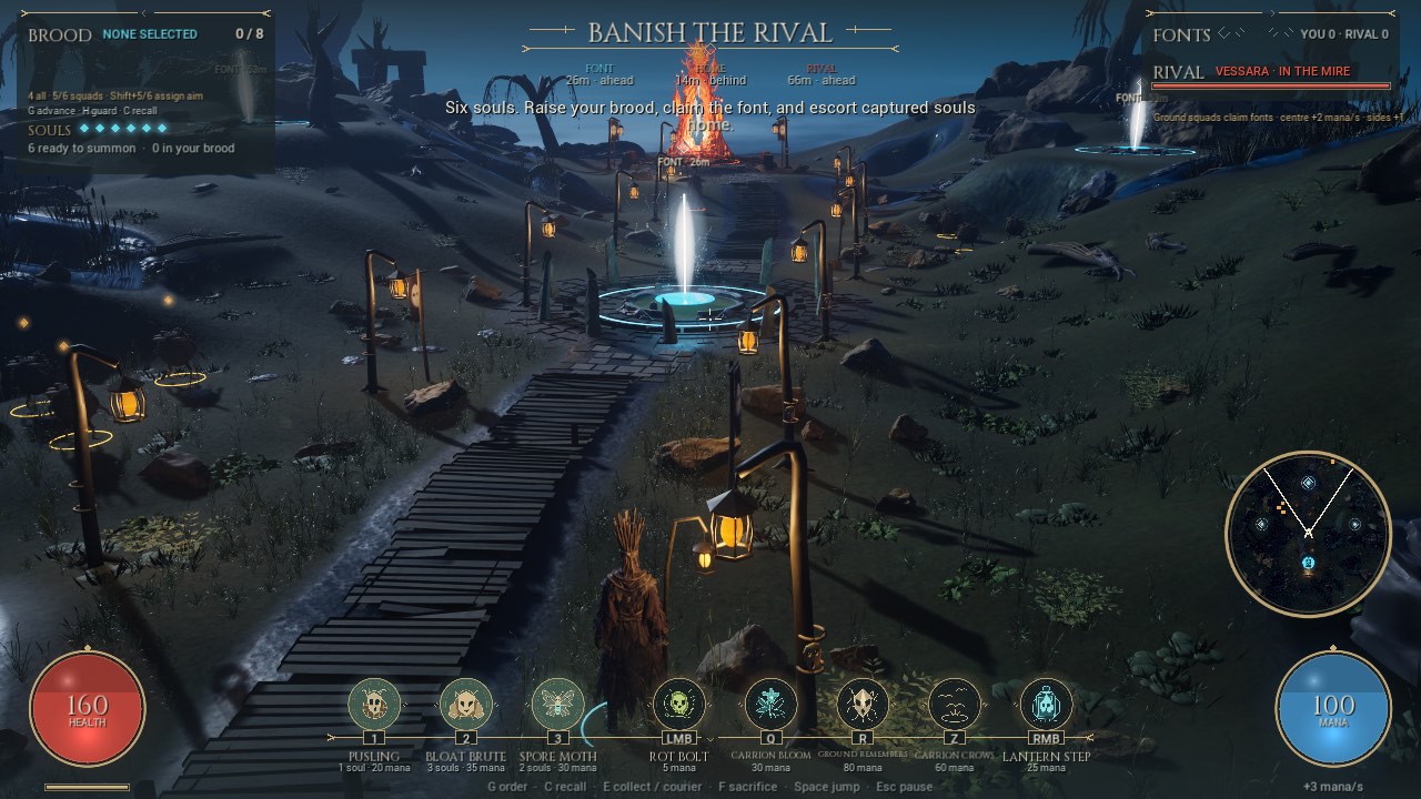 The wizard looks along the Mire path toward the central font without altar branches obstructing the camera.