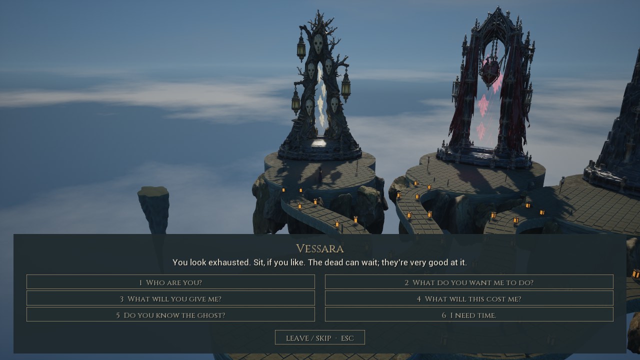 Vessara’s full willow monument and the small wizard centred on the court above the dialogue choices.