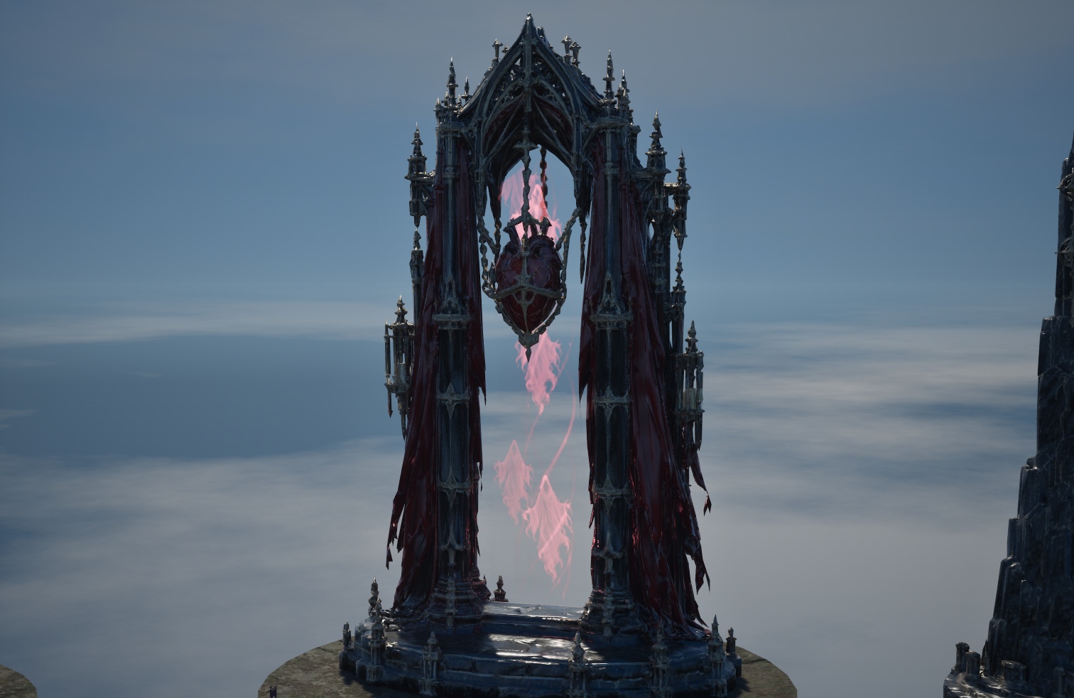Crimson spirits behind the suspended heart in Ilveth’s pointed arch.