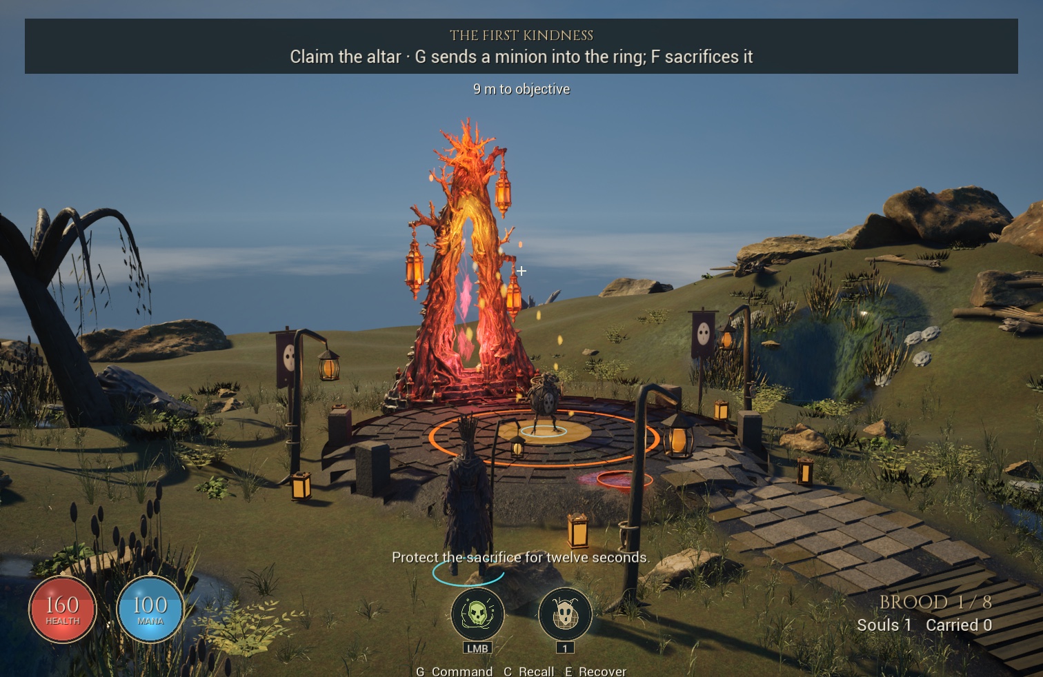A red altar with drifting spirits during an enemy minion sacrifice.