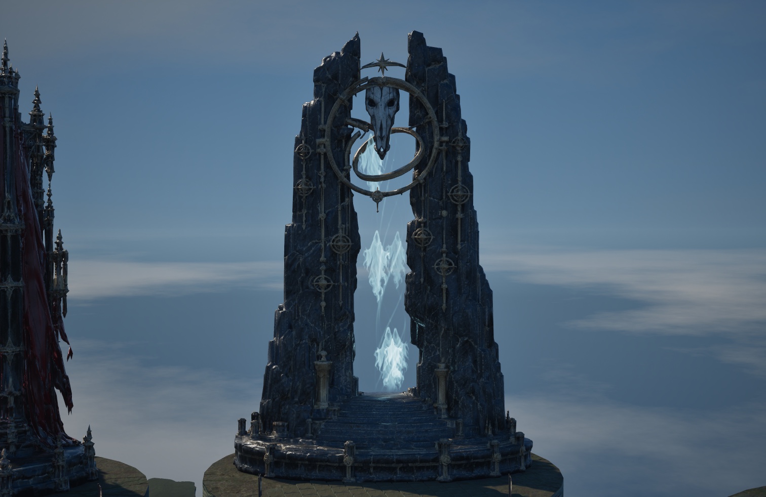 Pale blue souls drift behind Veyra’s skull and rings.
