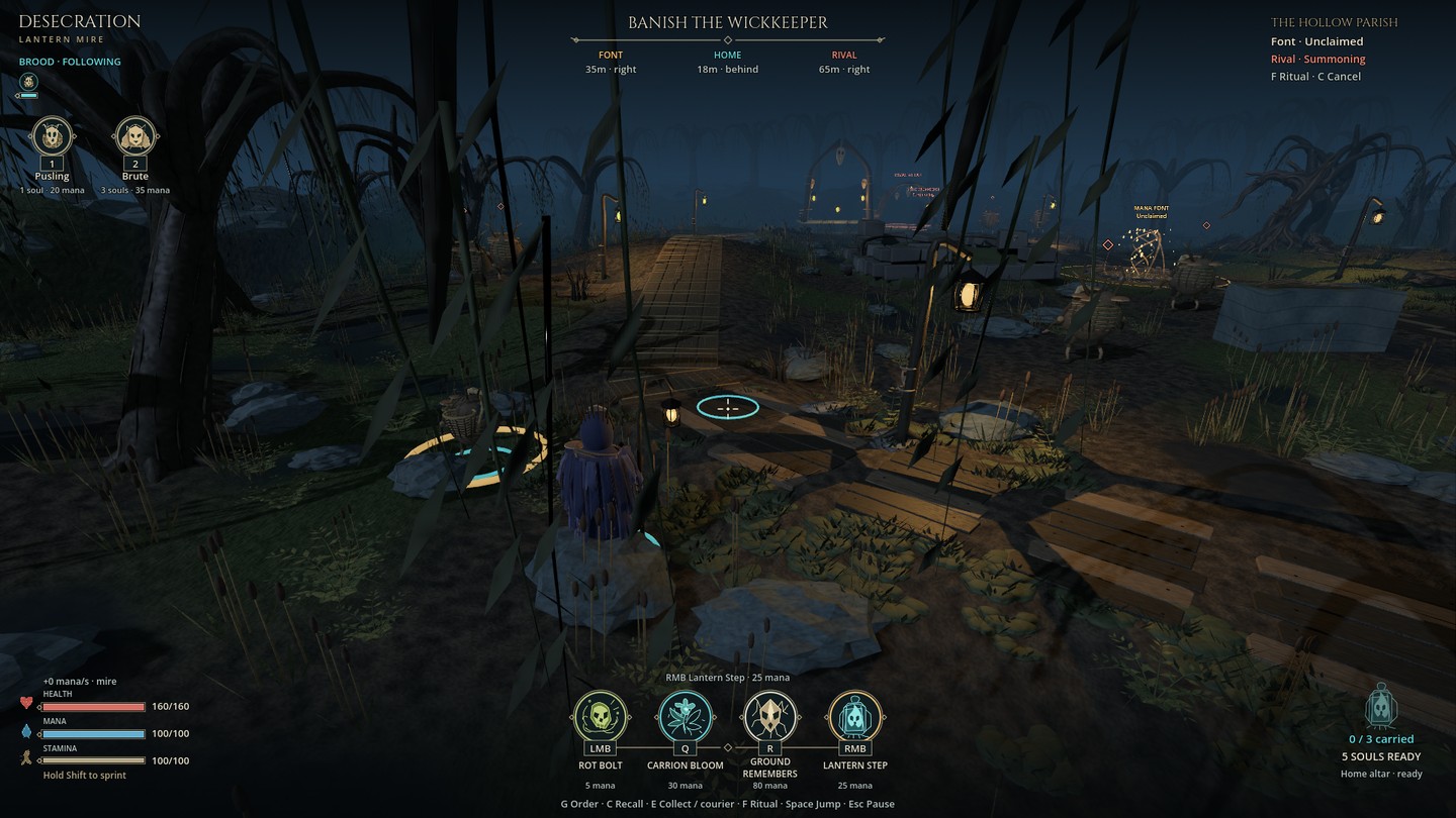 The ordinary gameplay crosshair sits on a valid cyan landing ring with the Lantern Step mana hint visible.