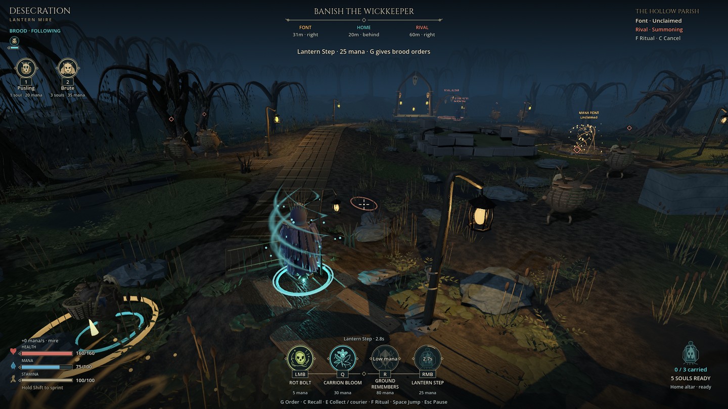 Soul-coloured filaments curl around the wizard at the new landing point; mana reads 75 and the Pusling remains behind.