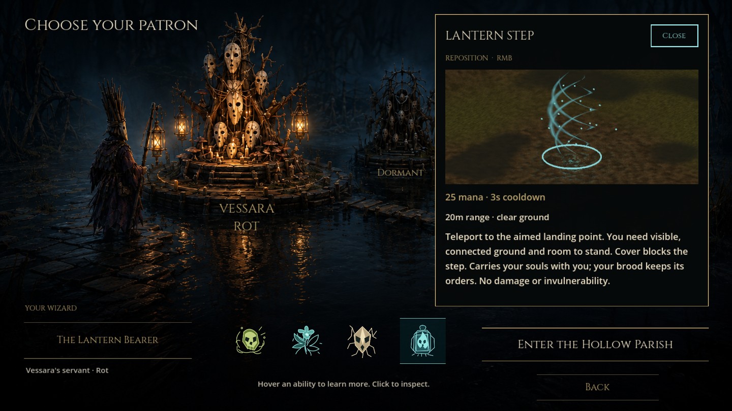 The Lantern Step ability inspector shows its isolated Godot effect and current mana, range and cooldown.