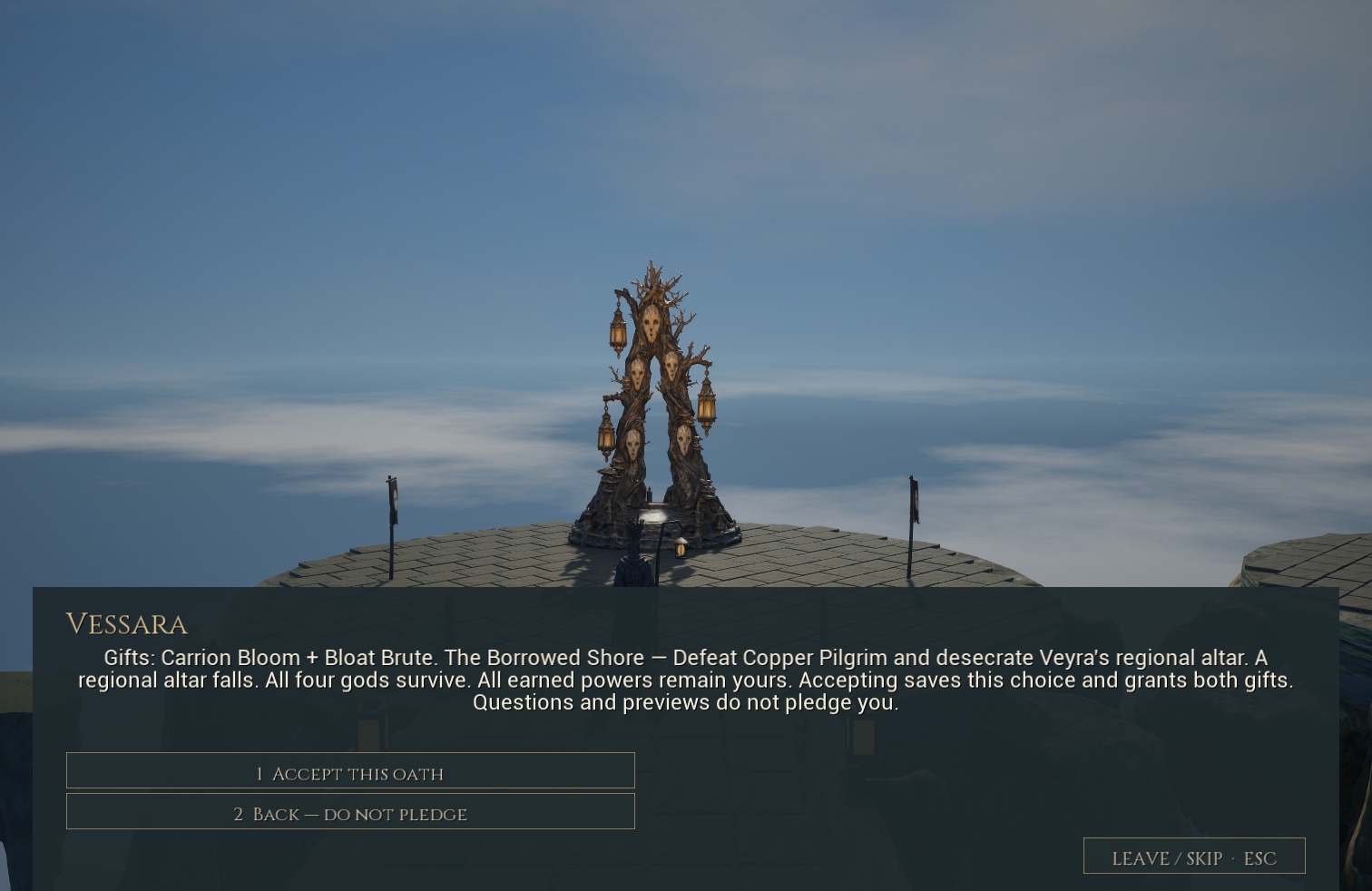 The oath review states the reward pair, enemy territory and consequences. Asking questions or inspecting a spell does not pledge the wizard.