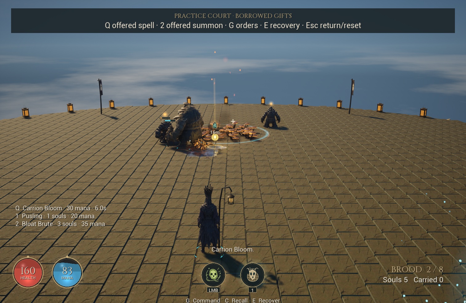 A paid Bloat Brute fights beside a Pusling while Carrion Bloom burns the ground. Staged ordinary-camera capture from the verified practice app.