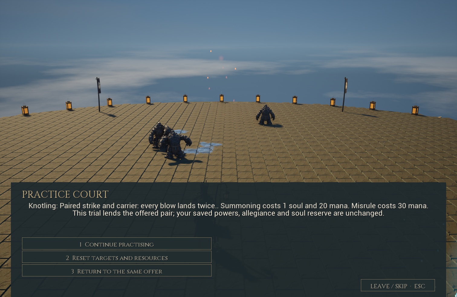 The practice menu explains the actual Knotling and Misrule costs, with explicit reset and return controls.