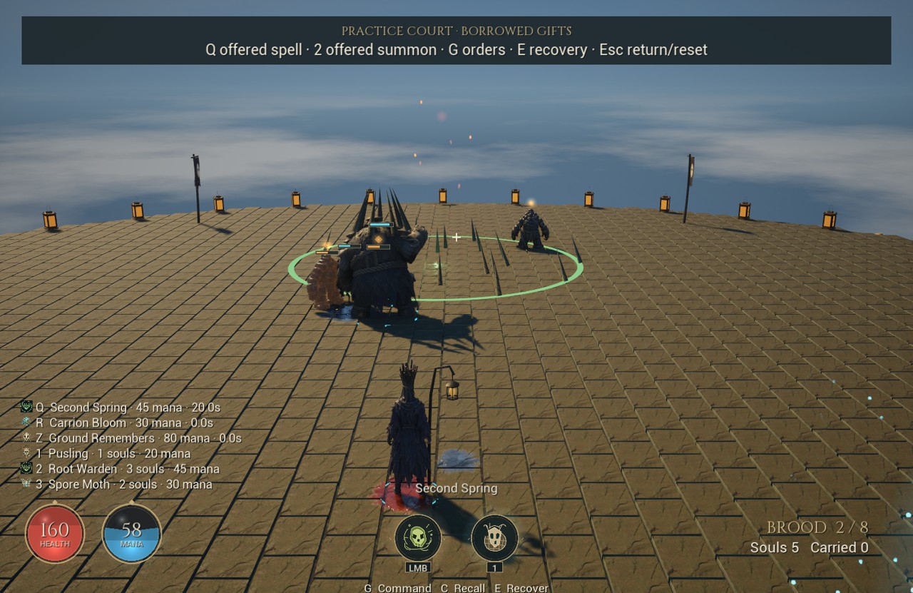 Root Warden fights beside the Second Spring field in the practice court.