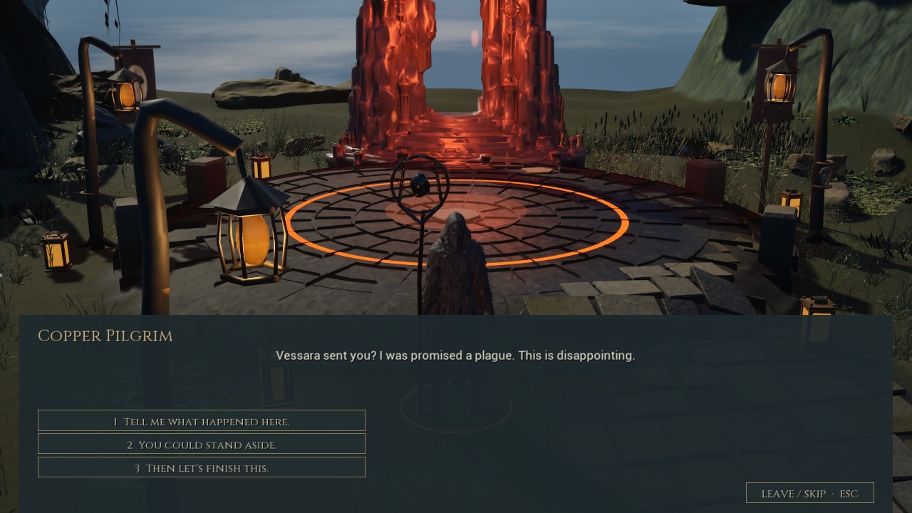 Copper Pilgrim faces the player during the Borrowed Shore introduction.