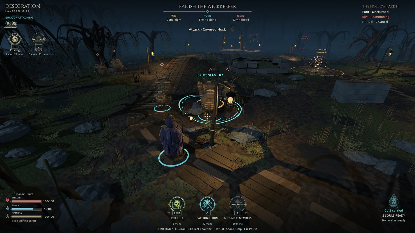 A Brute prepares its area attack beside a Pusling on the western causeway, with a fixed warning circle and countdown.