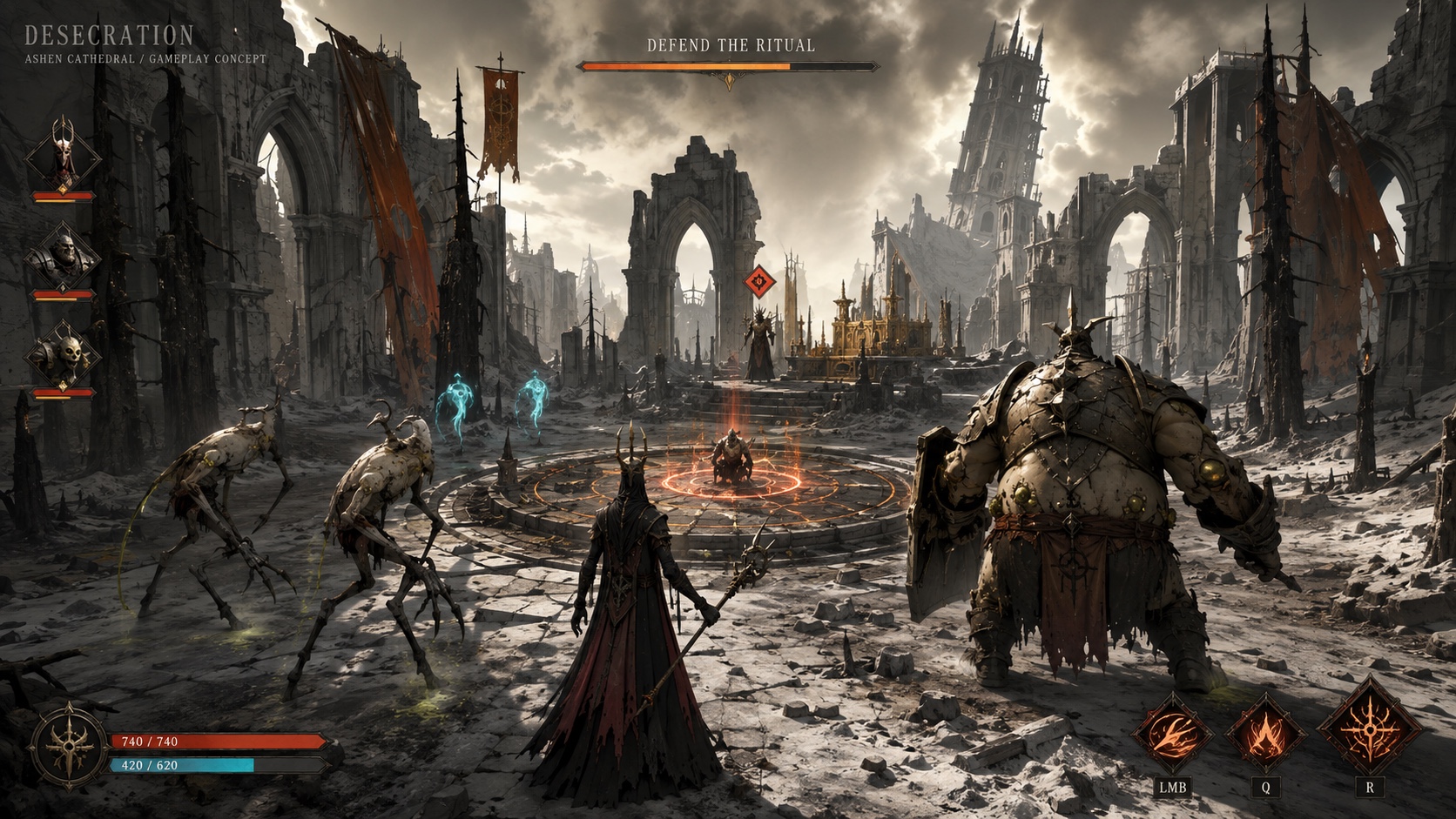 Ashen Cathedral concept art: a dark-robed wizard and armoured Brute overlook a glowing altar ritual between towering broken cathedral walls, rust-coloured banners and distant bell towers.