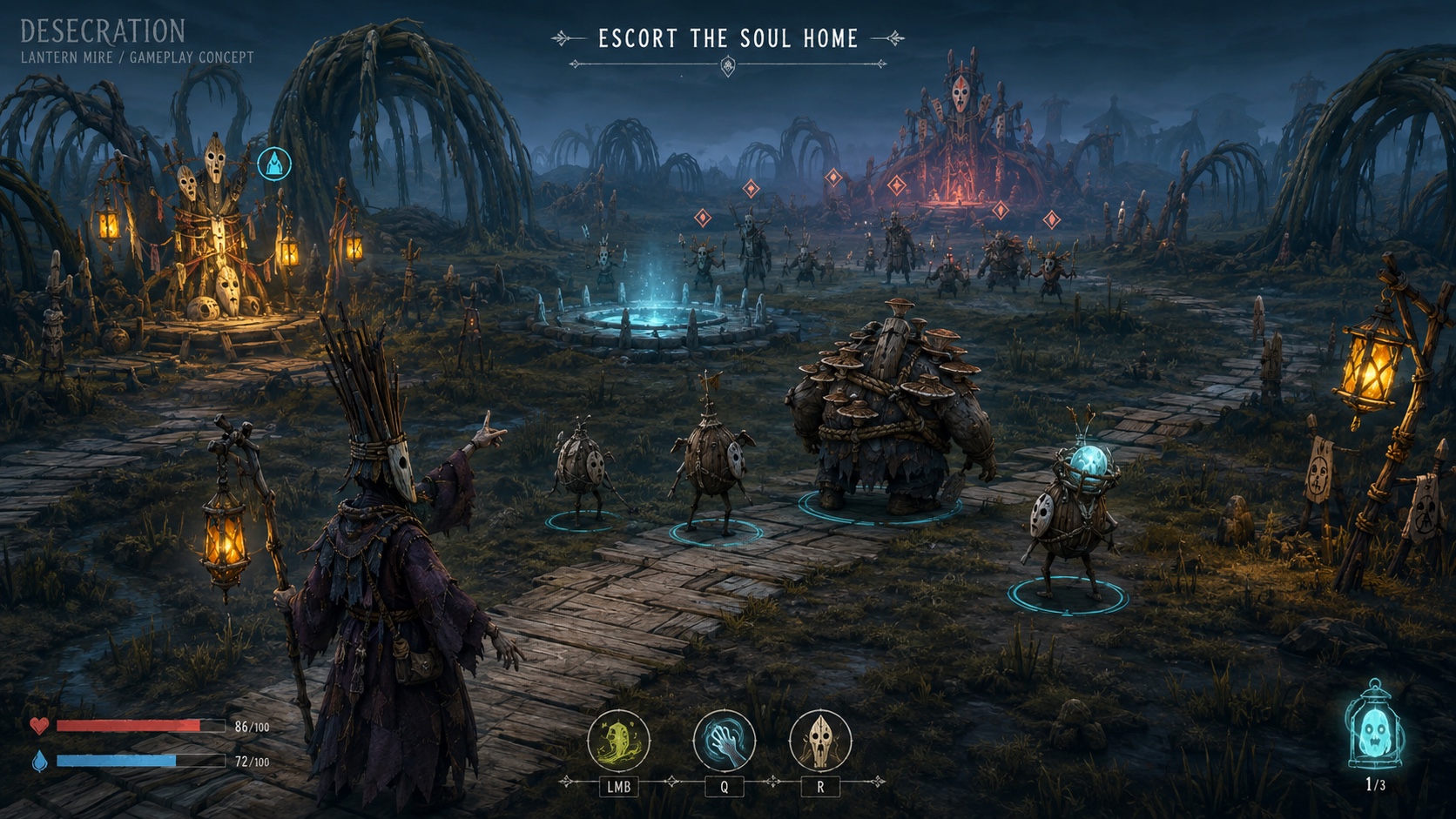 The Lantern Mire concept shows a masked wizard, small wicker creatures and a mushroom-covered Brute on a blue-grey moor, with warm lanterns, willow arches and a soul-carrying creature.