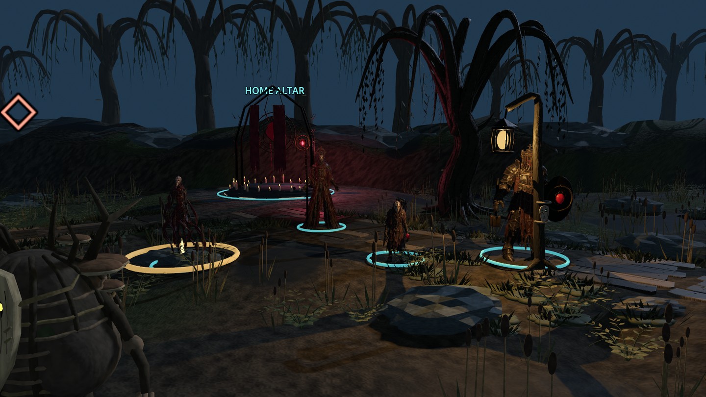 The new masked Crimson wizard, small robed Oathling, armoured Chalice Knight and suspended Veinwraith stand near their home altar in the dark mire.