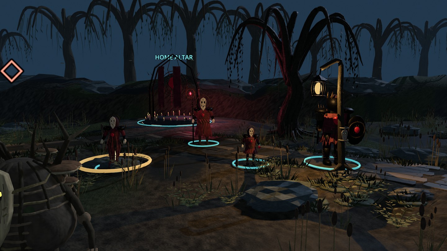 The protected earlier Crimson bodies stand in the same staged front view, with simpler masks, smooth clothing and broad armour shapes.