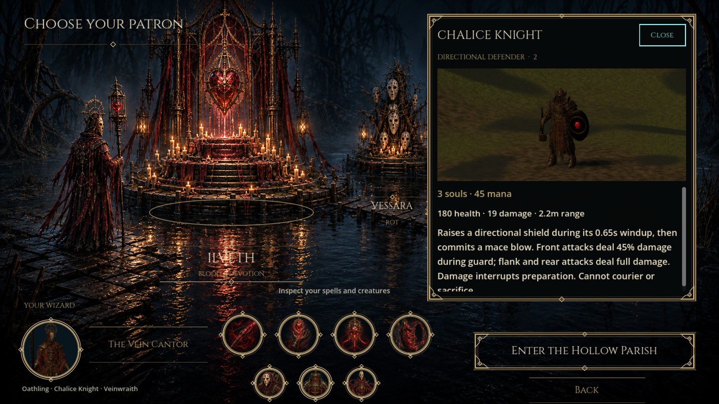 The rich Crimson courtyard picker with the actual new Chalice Knight fully visible in its creature inspector and the new wizard in the round portrait.