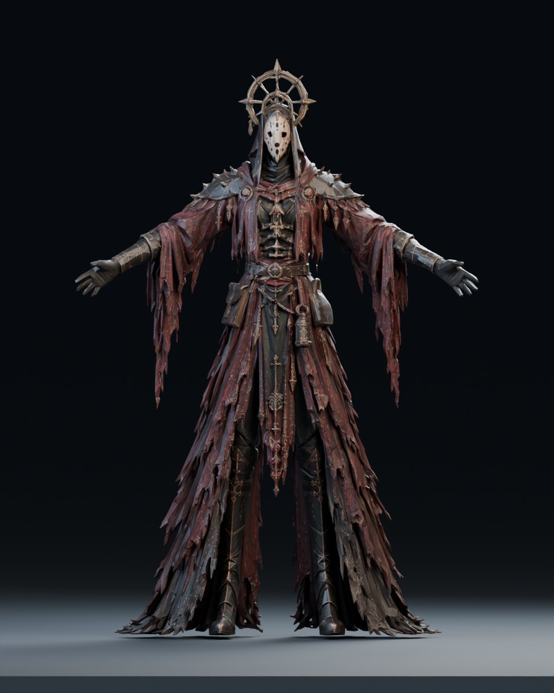The standard Meshy Vein Cantor candidate in an A-pose, with an ivory mask, halo, layered burgundy robes and empty hands.