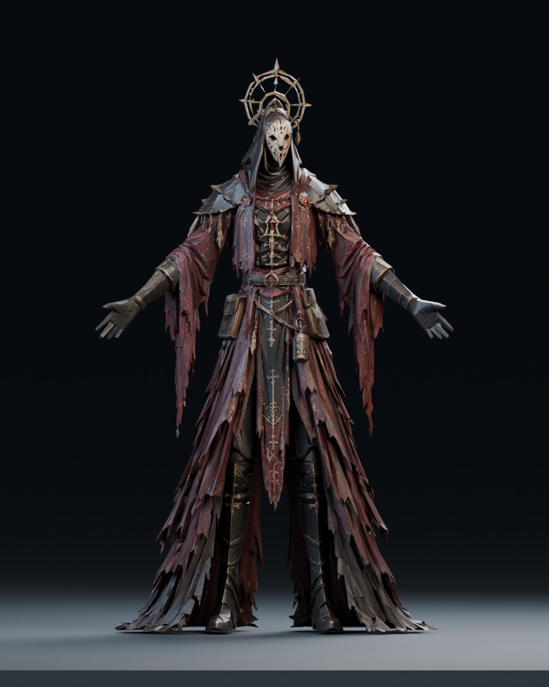 The retained Ultra Vein Cantor candidate with a more articulated ivory mask, sharper shoulder plates and layered burgundy robes.