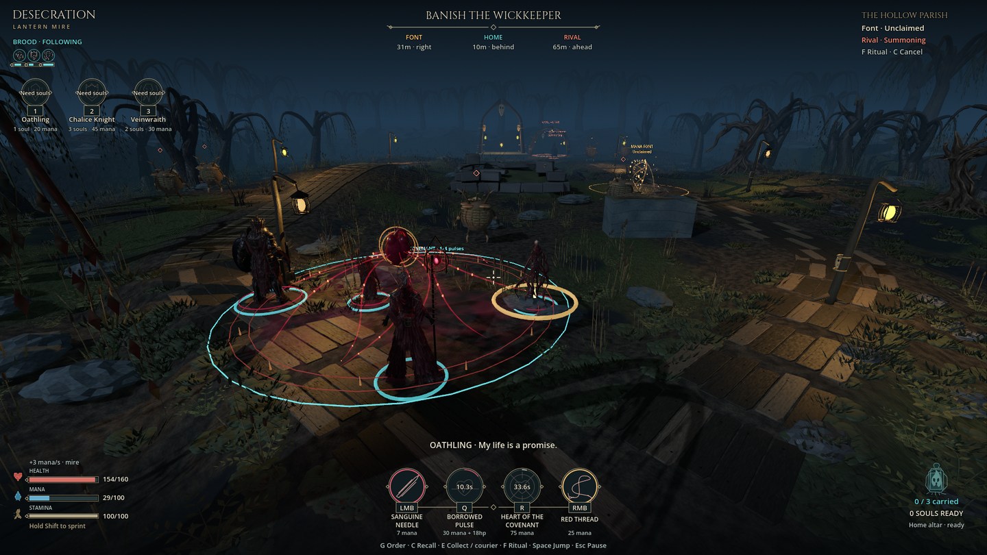The Vein Cantor and three Crimson minions stand inside a glowing Heart of the Covenant in the swamp.