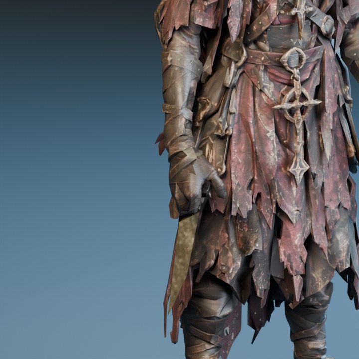 A close Blender studio render of the Oathling’s fitted glove and restored dagger handle.