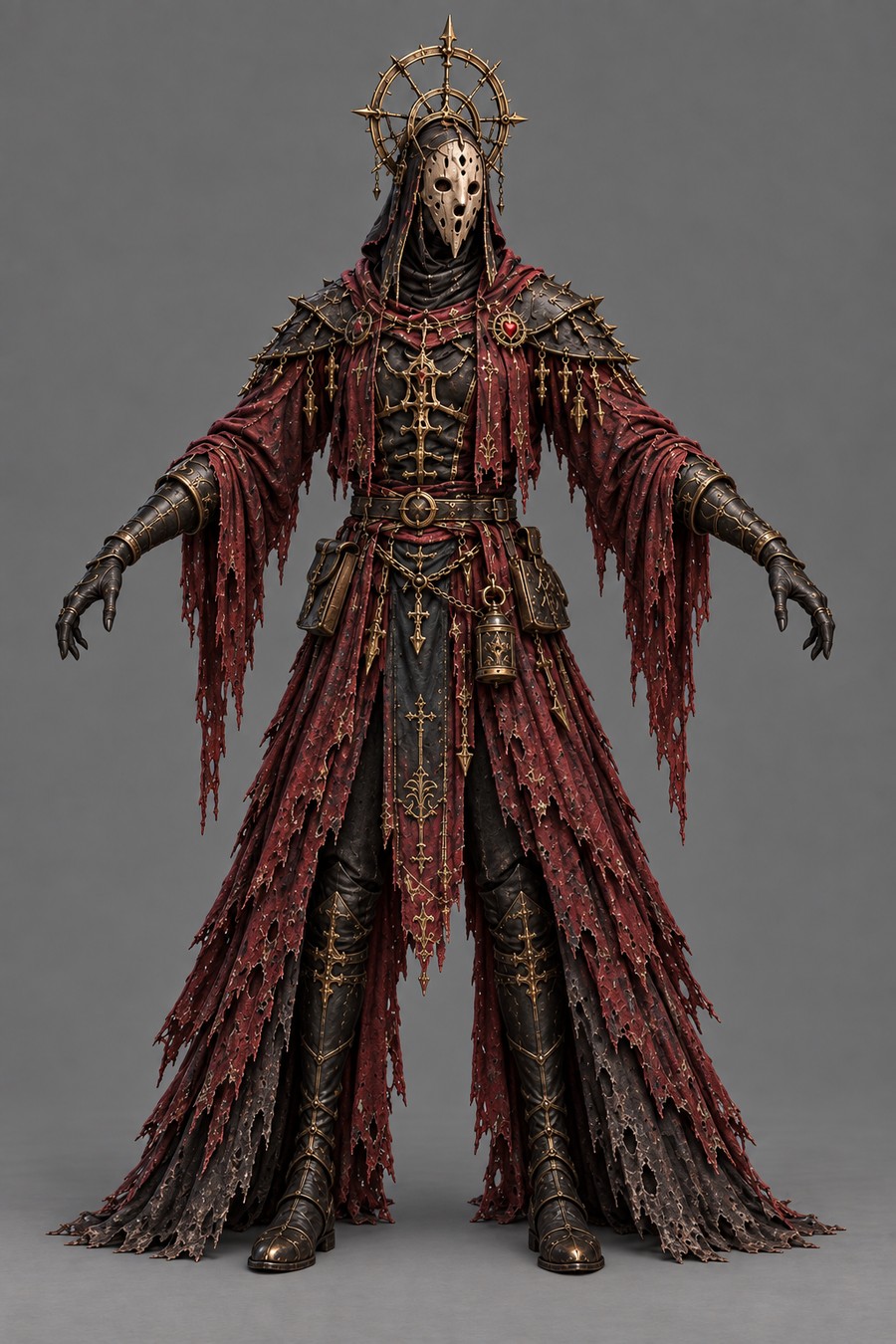 AI-generated modelling reference of the Vein Cantor in an A-pose, wearing layered burgundy robes, a perforated ivory mask and a gilt halo, with empty hands and separated boots.
