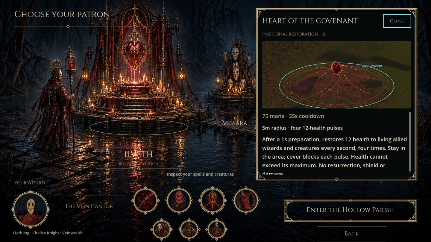 The Heart of the Covenant inspector shows the actual red-thread effect, mana cost and healing rules beside the illustrated Ilveth shrine.
