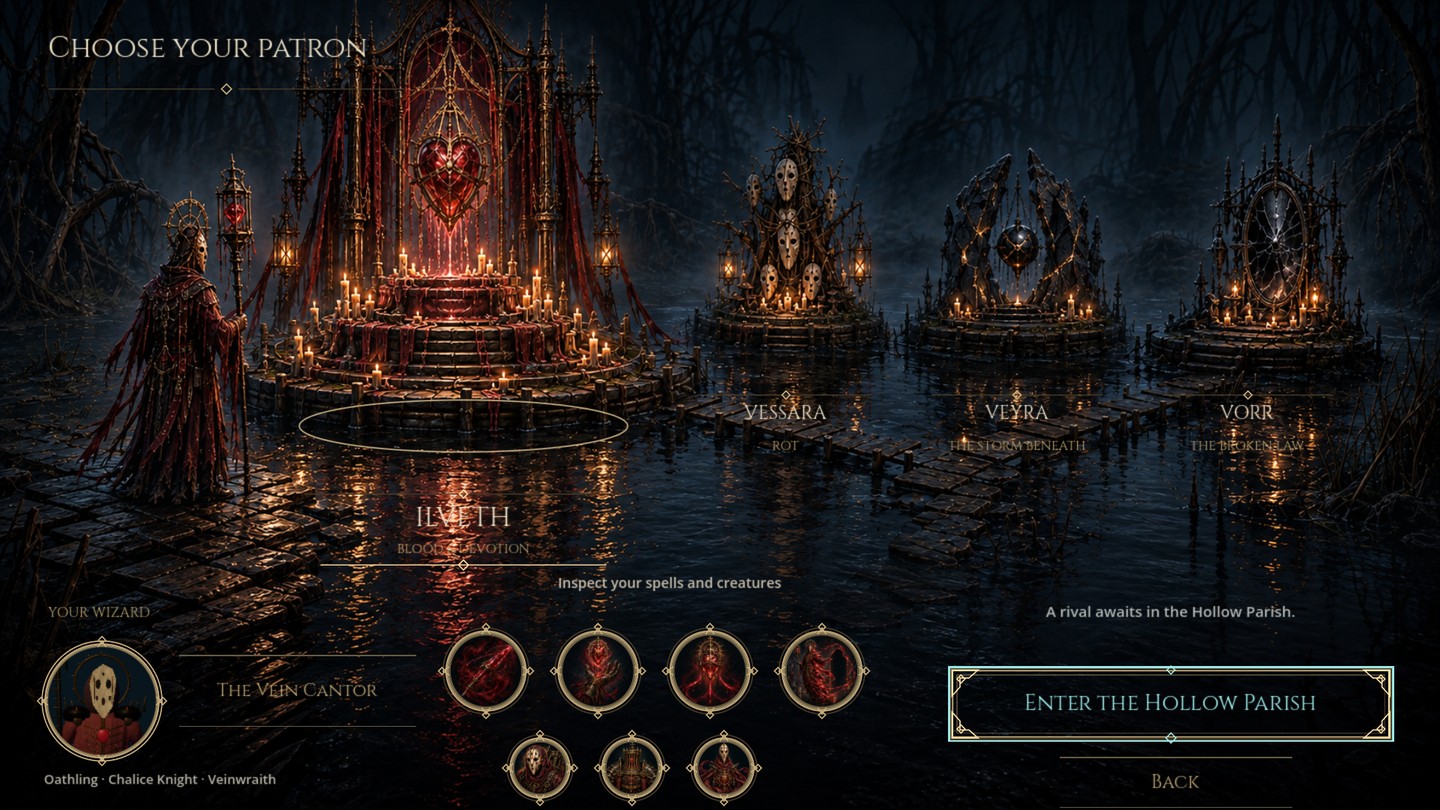 Ilveth is selected in a dark flooded courtyard, with a candlelit heart shrine, three other patron shrines, painted spell medallions and native game controls.