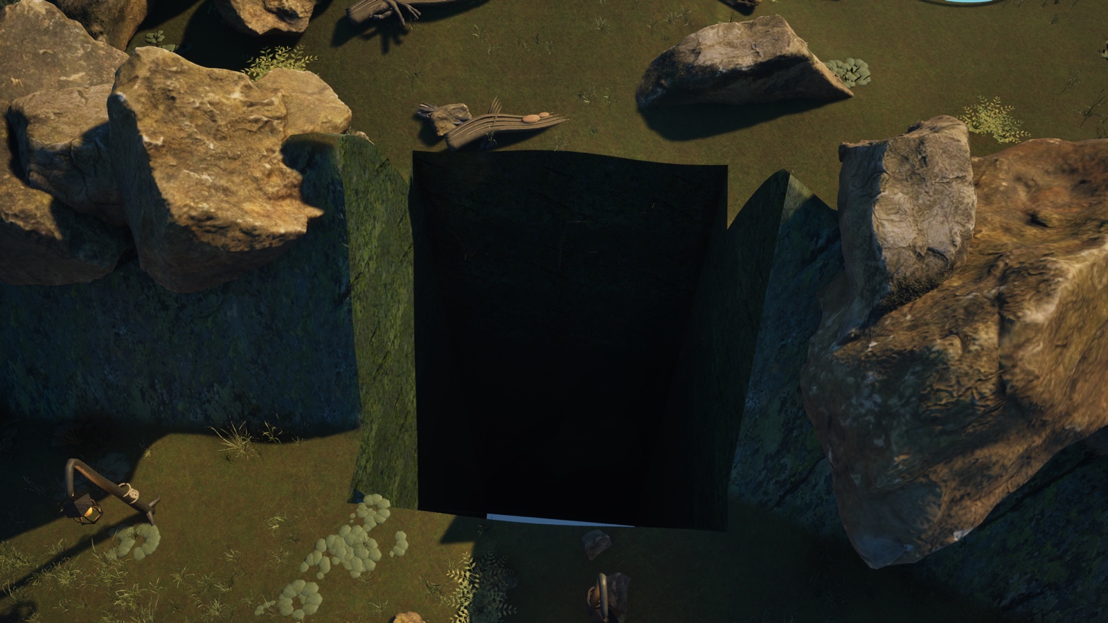 An overhead view of the open gap between the surviving rocky banks.