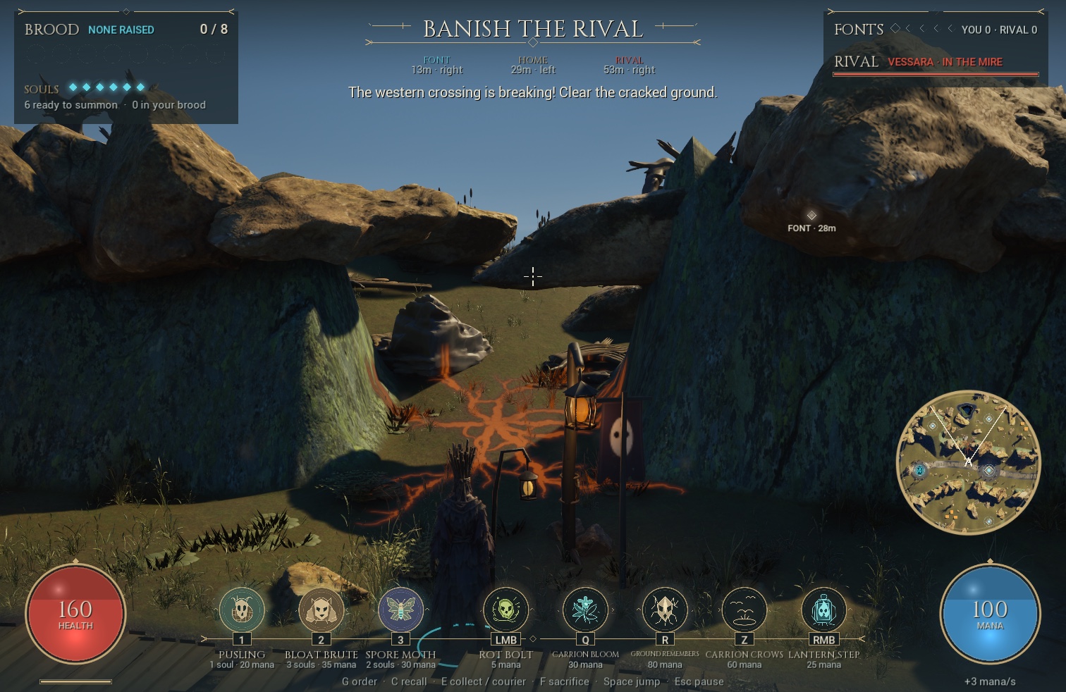 A wizard faces warning cracks at a sunlit rocky crossing in the Passes.