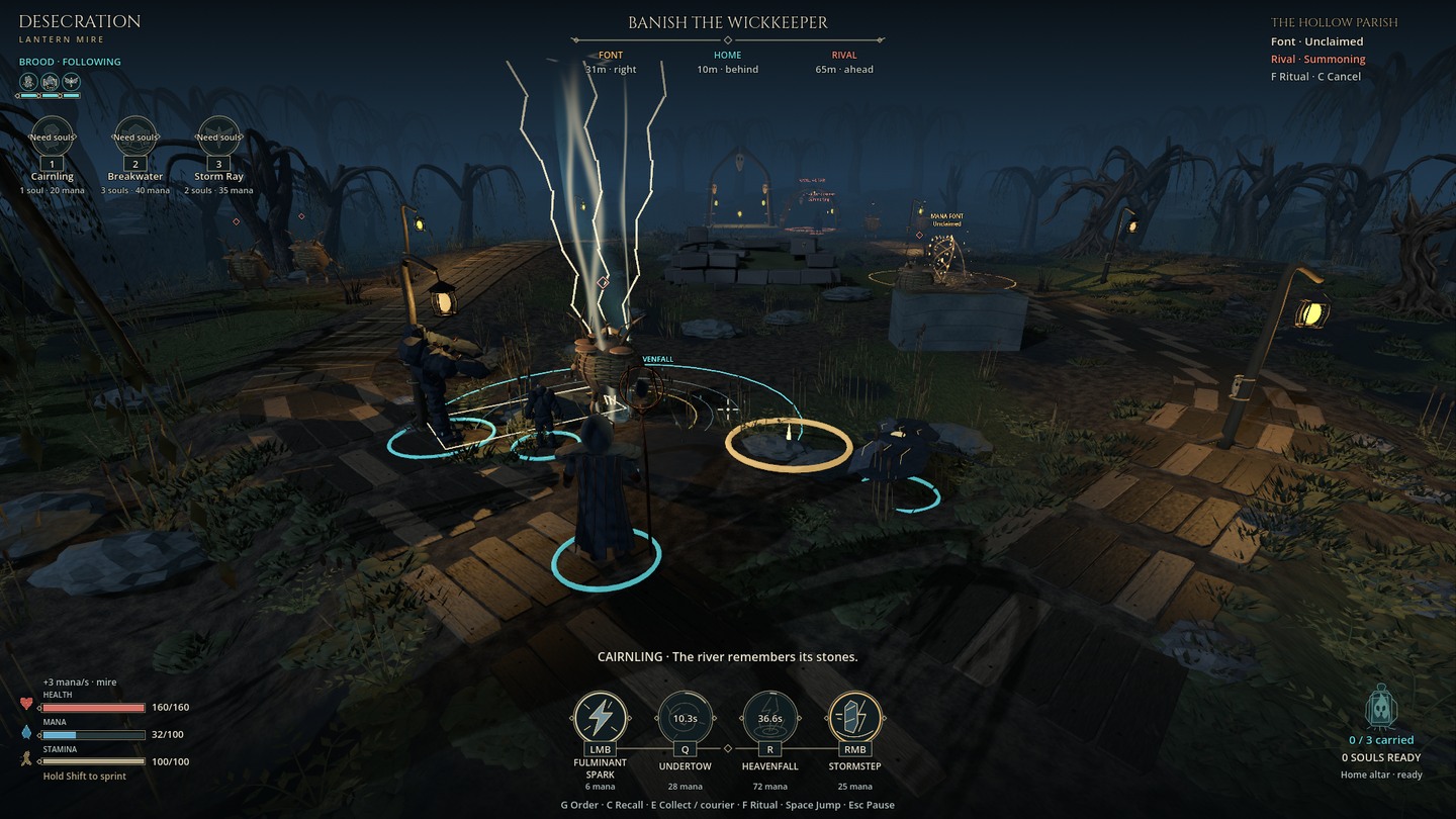 The Copper Pilgrim and three summoned creatures watch a Heavenfall lightning strike in the mire.