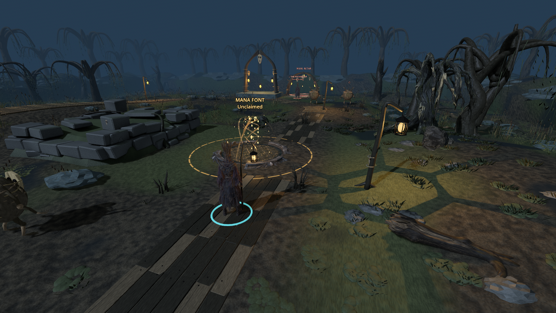 The mana font and its lantern-lit approach, with the detailed willow on the right.