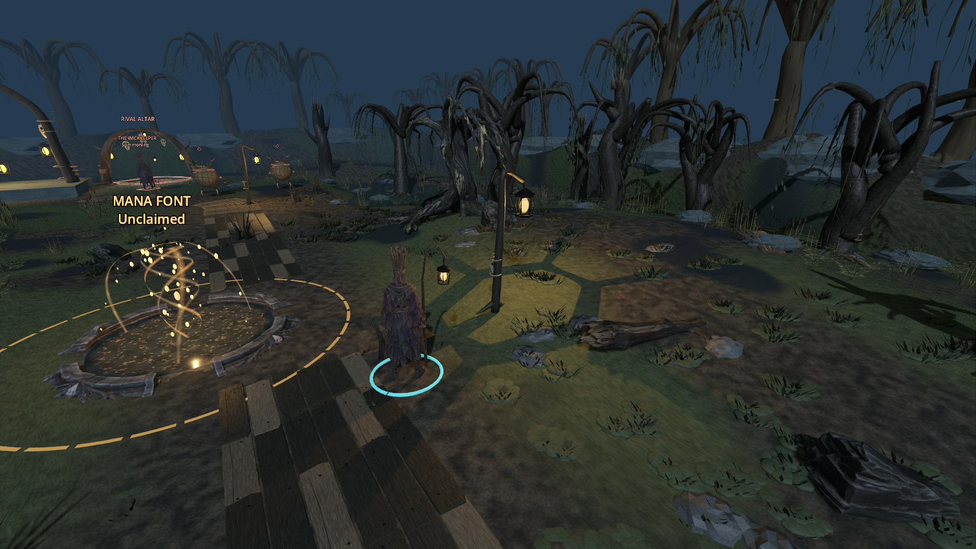 A closer gameplay view of the gnarled tree beyond the font and lantern.