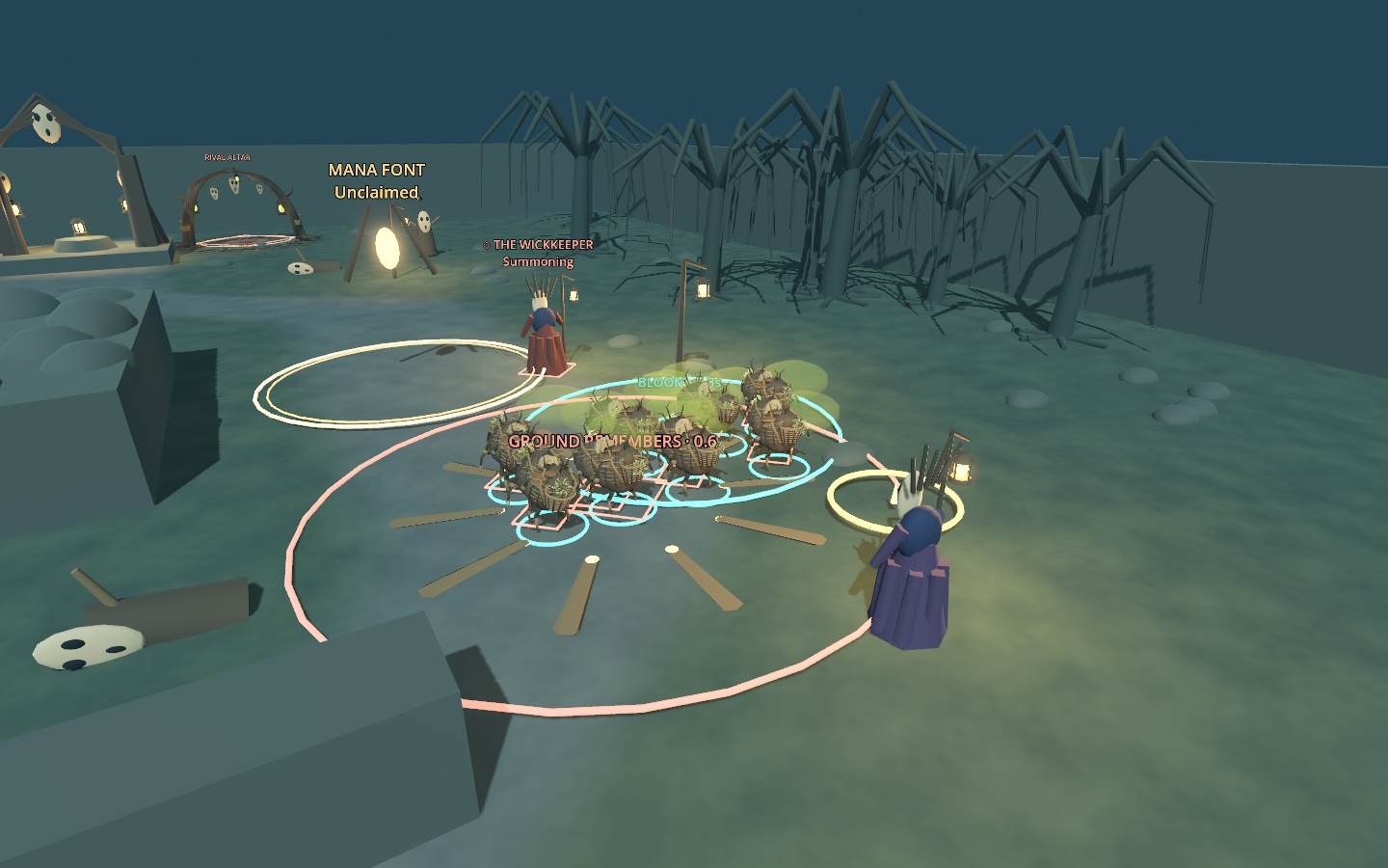 Two groups of Puslings clash near the mana font with the Wickkeeper opposite the player wizard, while Bloom and Ground Remembers area markers overlap the fight.