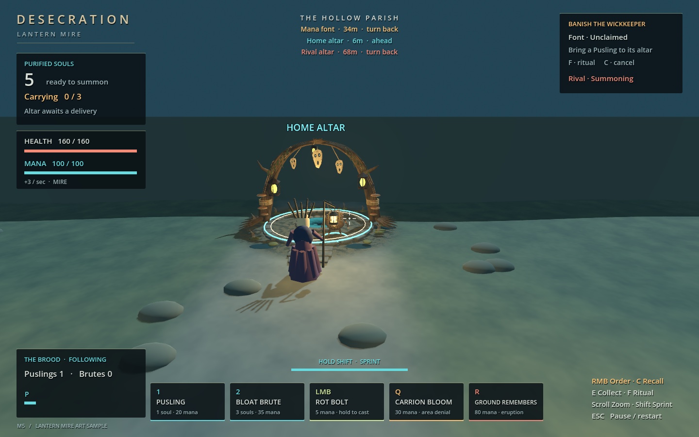 The current Godot playable viewed from behind the wizard at the home altar, with health, mana, soul reserve, creature orders and spell controls visible in the HUD.
