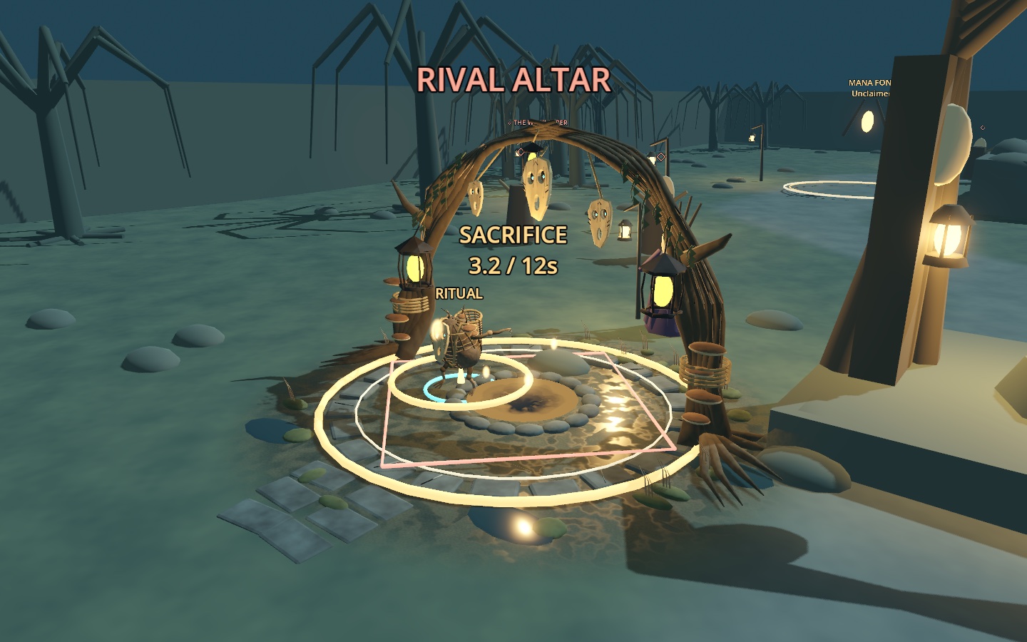A Pusling channels a sacrifice beneath the root arch at the rival altar, with the ritual timer showing 3.2 of 12 seconds and the player wizard nearby.