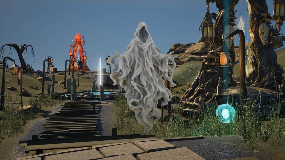 A hooded white ghost with an empty dark face and trailing robe hovers beside the wooden approach in the Lantern Mire.