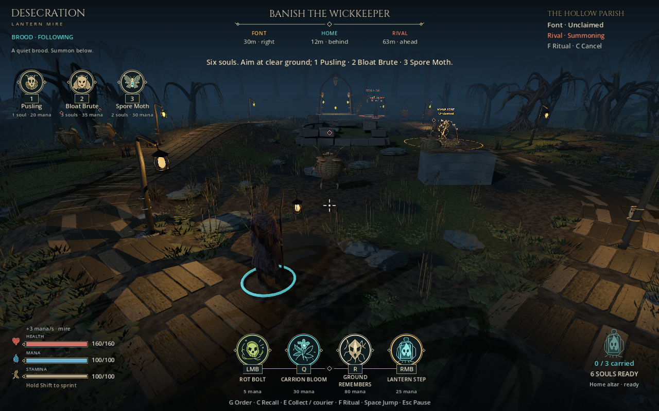 The wizard overlooking the lantern-lit mire with the ordinary gameplay interface visible.