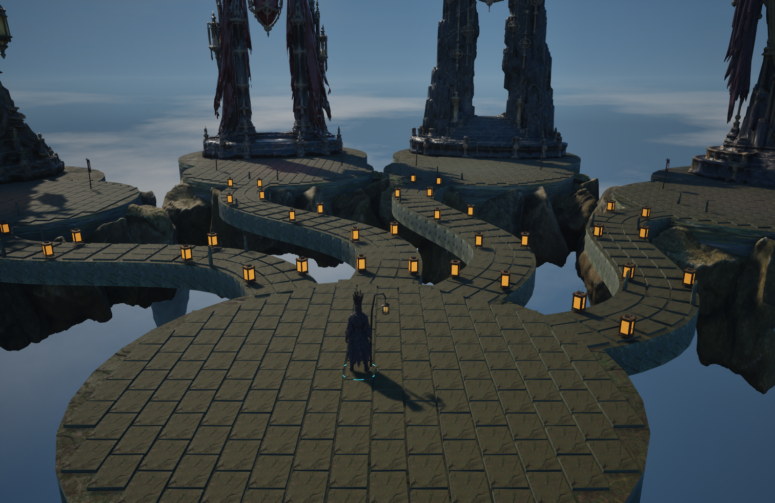 Narrow, curved paths lead from the arrival court to the towering Limbo altars.