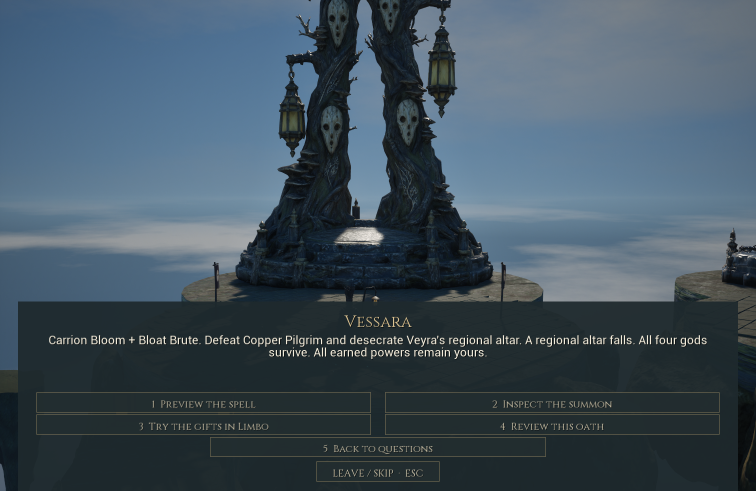 Vessara’s centred title, paired offer choices and centred final button.