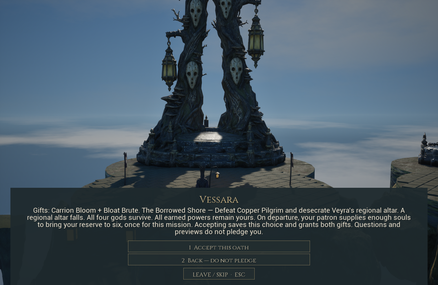 Two centred oath choices under Vessara’s title and the promise text.