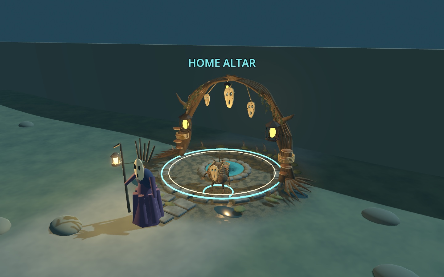 A root arch with carved hanging masks and warm lanterns surrounds the cyan home altar, with a Pusling and wizard nearby.