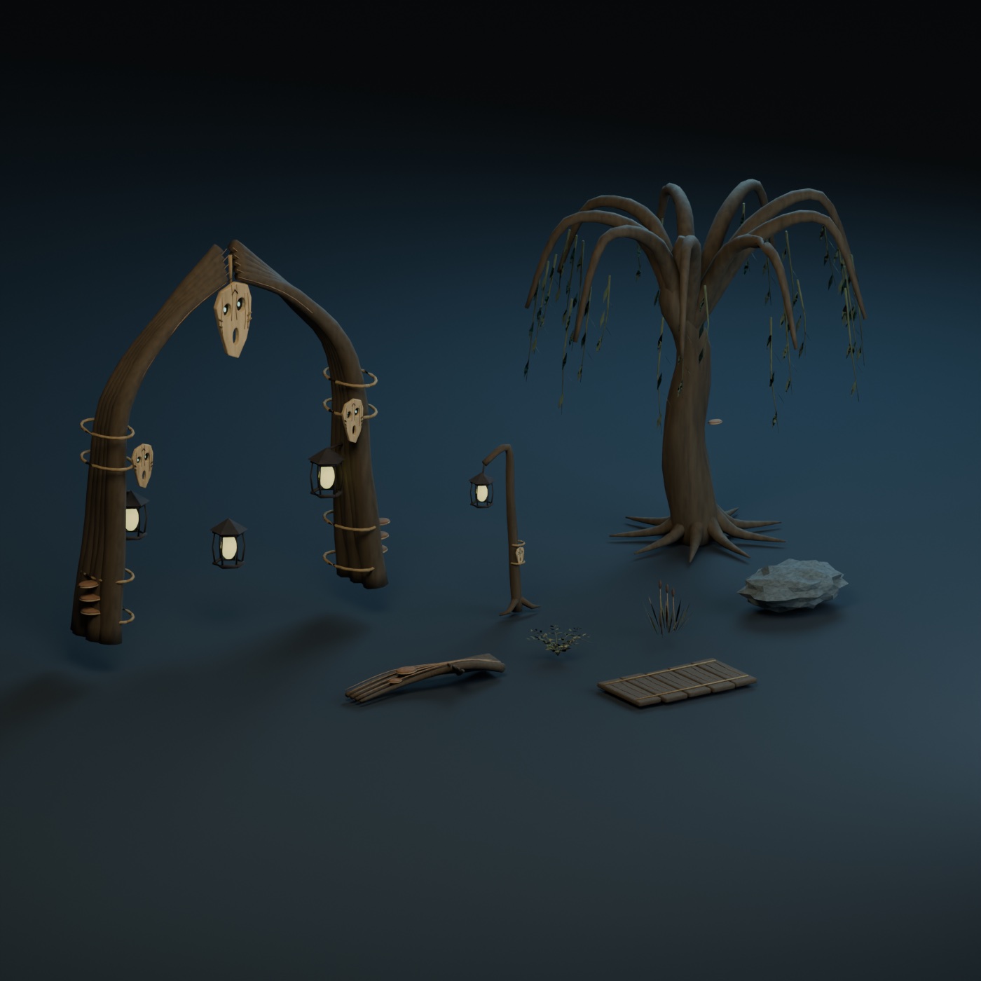 Blender studio render of the original environment kit, including a tall masked timber arch, curved willow, lantern post, boulder, roots, plants and plank section.