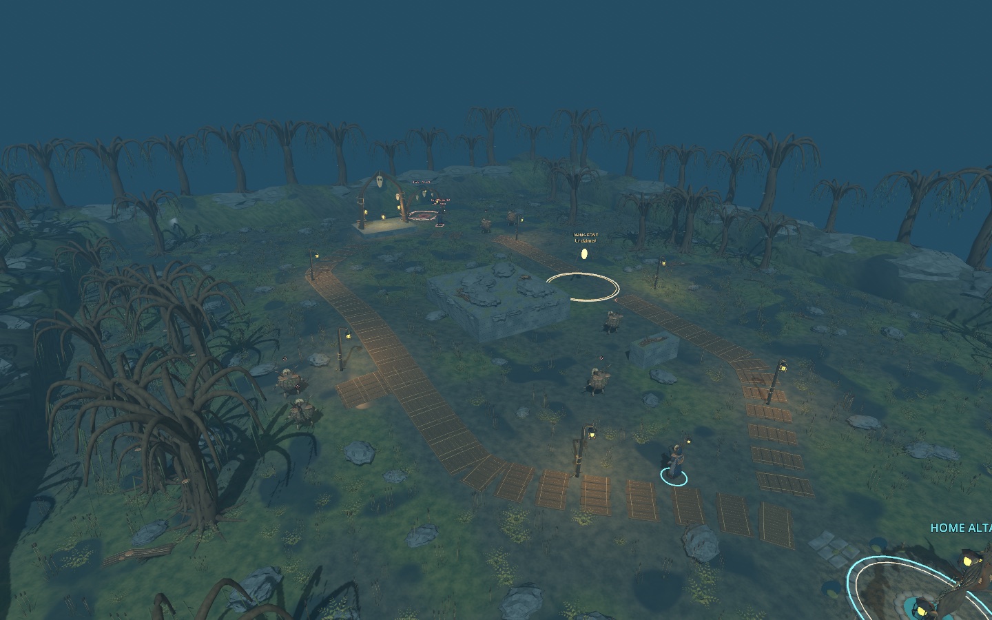 An elevated view of the Hollow Parish, with plank causeways around central cover, neutral camps, a glowing mana font, warm lanterns and curved willows on peat banks.
