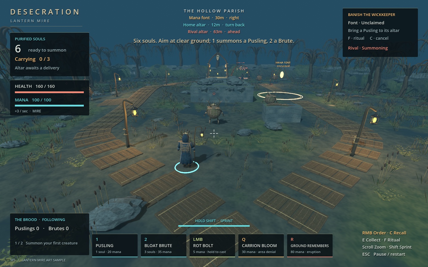 The normal twelve-metre player camera looks across the new causeways and vegetation toward central cover, the font and ancestor shrine, with the existing gameplay HUD visible.