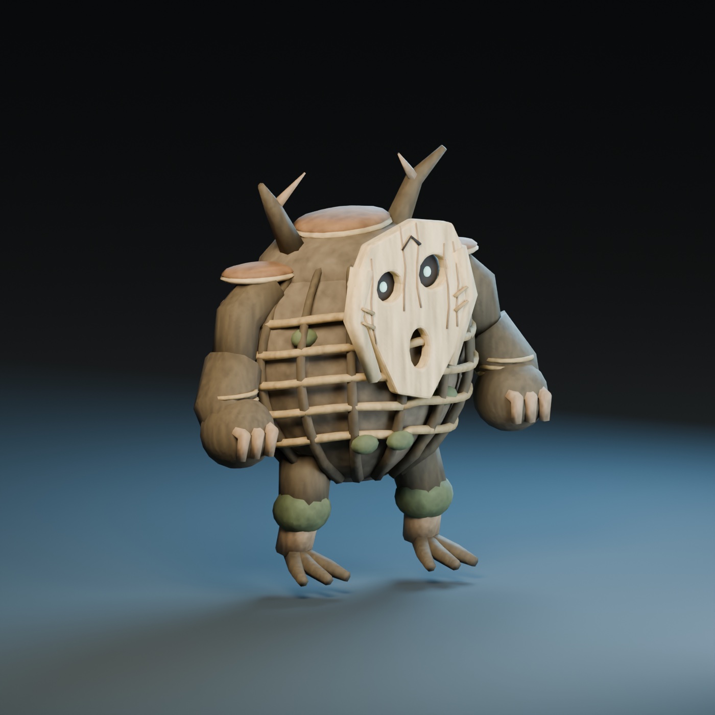 Blender studio render of the Bloat Brute with a broad wooden mask, fungus shoulders, thick wicker bindings and large root fists.