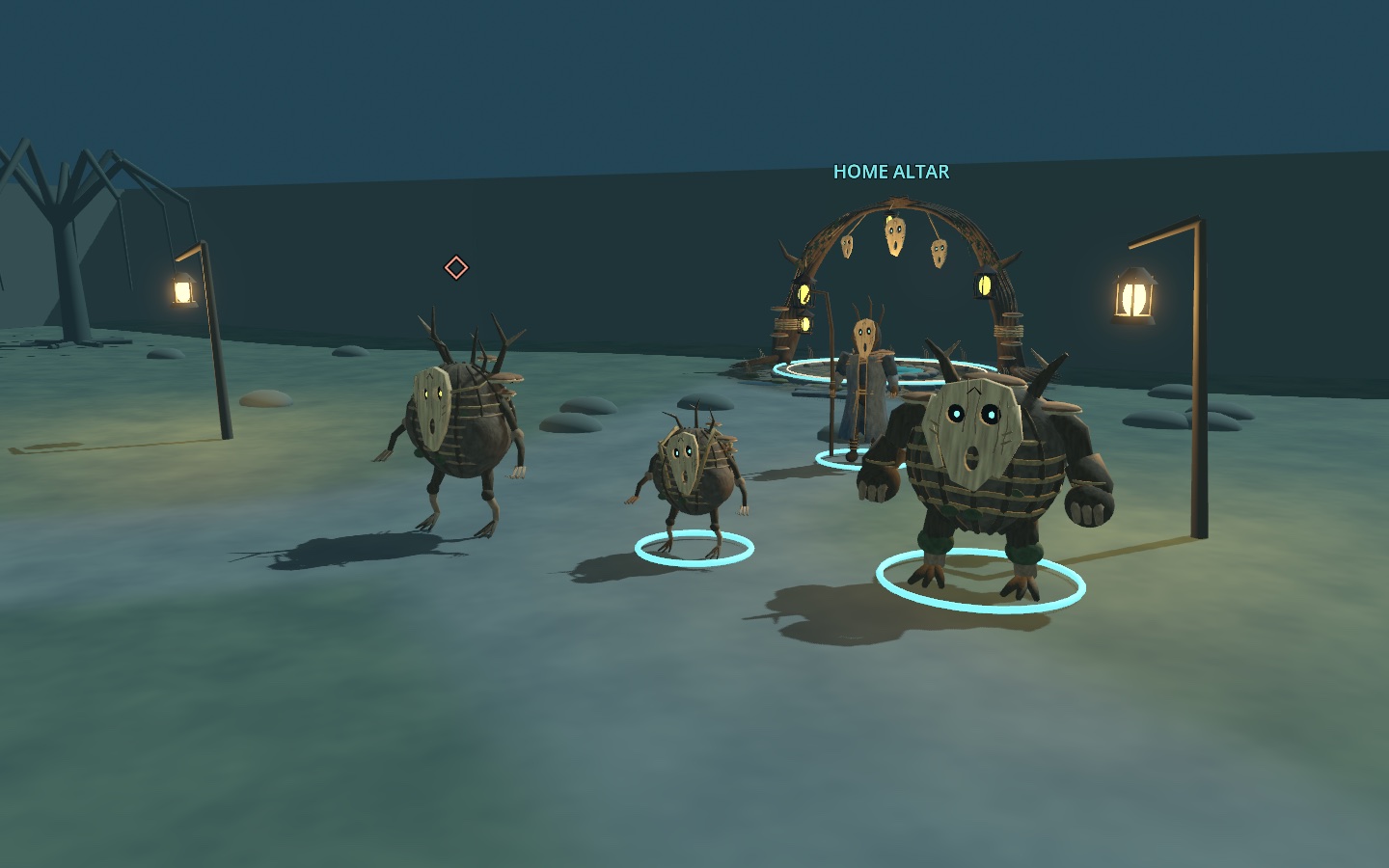 An amber-eyed feral Pusling, a small summoned Pusling and a broad Bloat Brute stand near the home altar, with the masked wizard behind them.