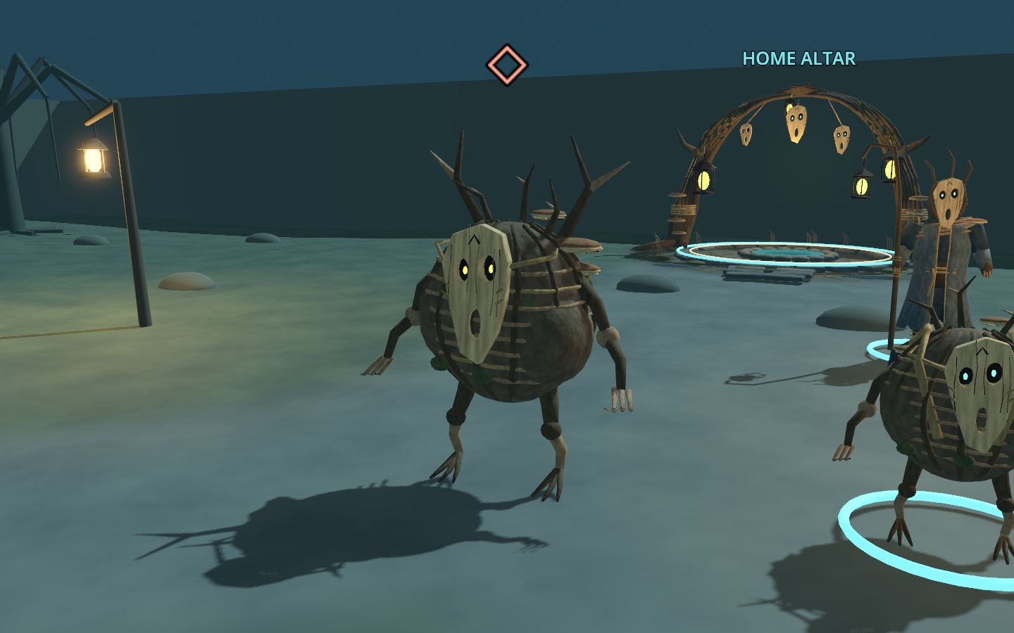 An overgrown feral Pusling in Godot with amber eyes, thin root limbs, mossy wicker and a tall forked crown.
