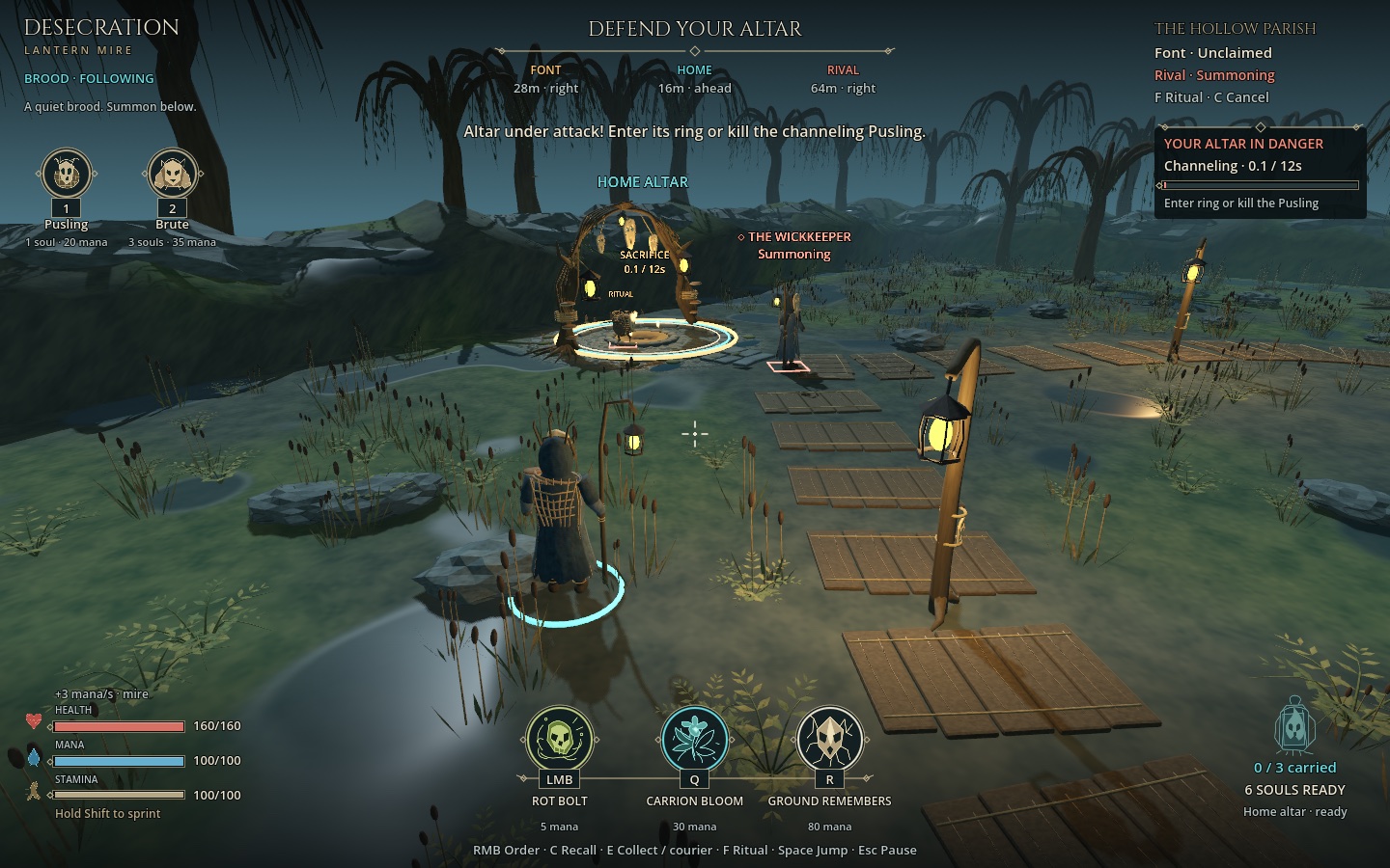 A rival sacrifice at the home altar raises a DEFEND YOUR ALTAR objective and progress panel above the new HUD, with willows fading into the distance.