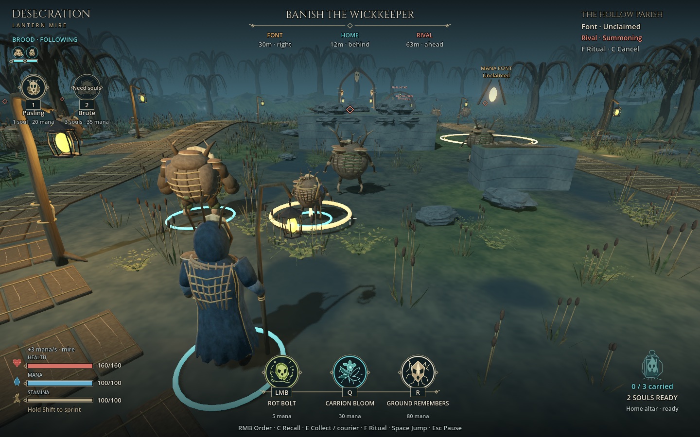 The wizard and a paid Brute and Pusling stand on the misty causeway, with slim health and mana bars at lower left, three circular spell glyphs below and a soul lantern at lower right.