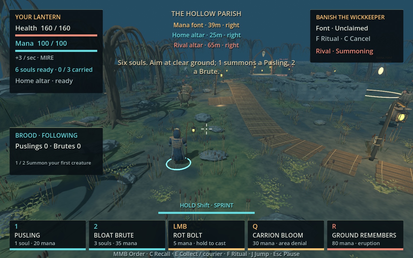 The Lantern Mire gameplay HUD at 140 percent interface size, with larger vitals, commands and spell cards around the central view.