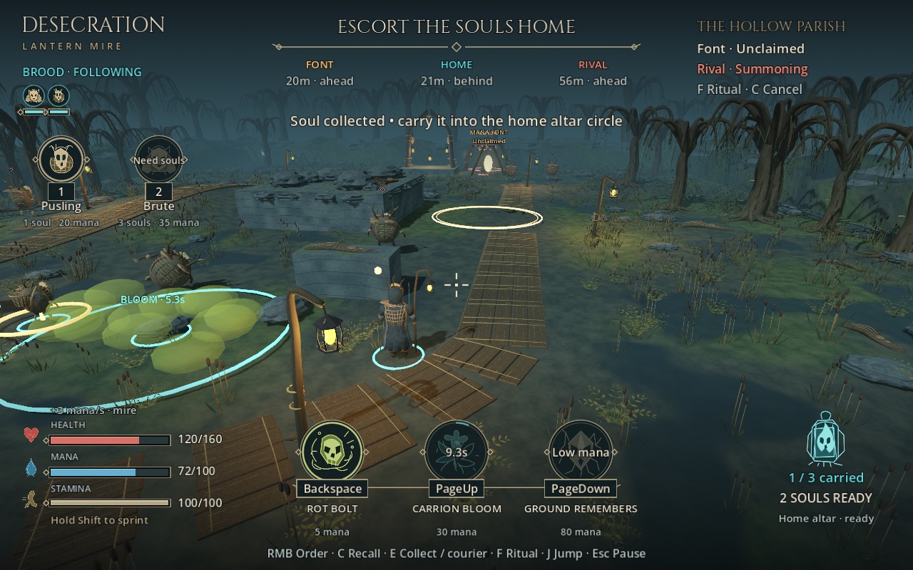 The enlarged HUD displays Backspace, PageUp and PageDown under spell glyphs, a Bloom cooldown and one carried soul.
